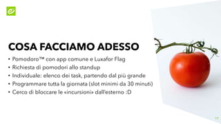 COSA FACCIAMO ADESSO
• Pomodoro™ con app comune e Luxafor Flag
• Richiesta di pomodori allo standup
• Individuale: elenco ...