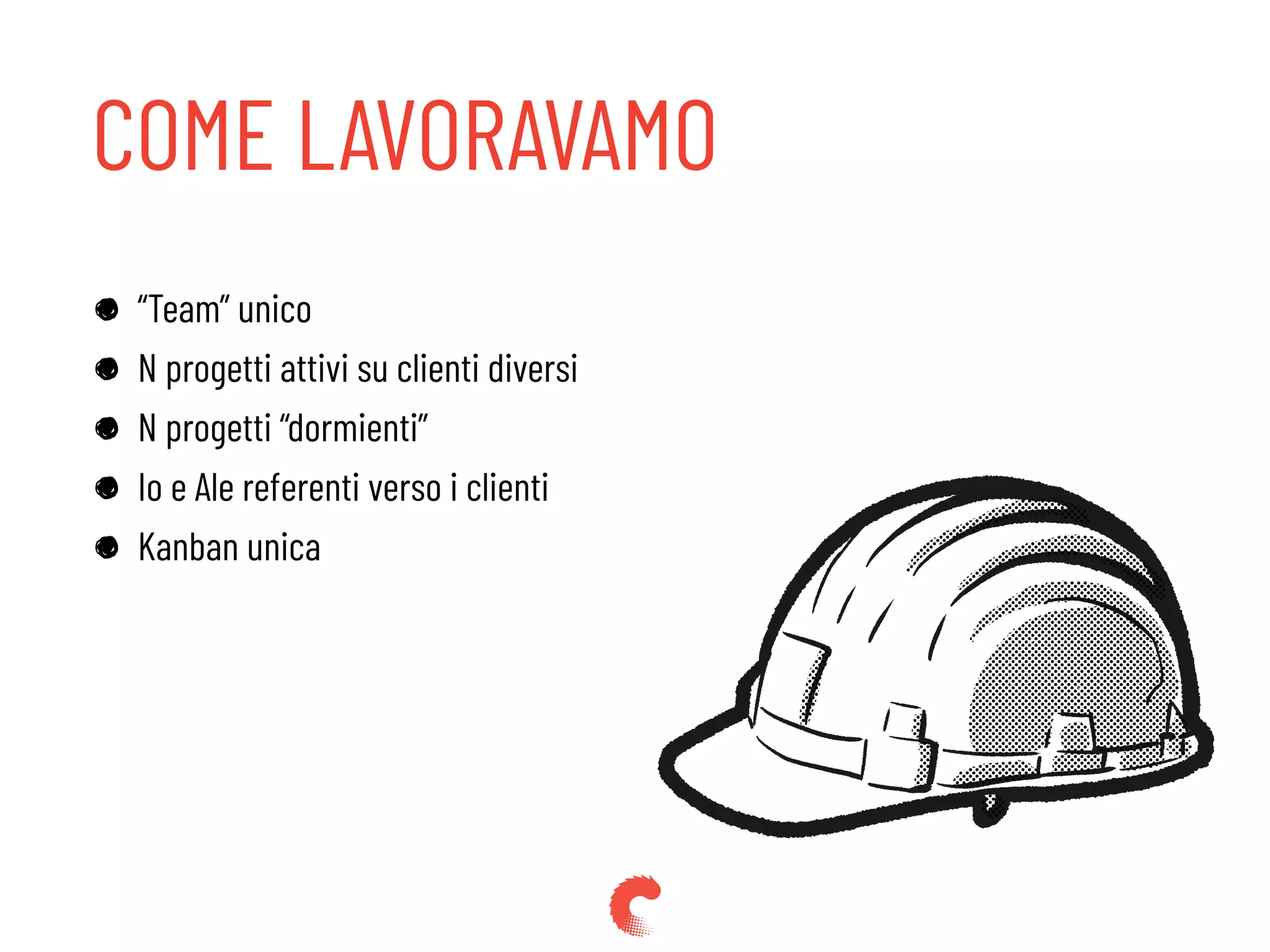 COME LAVORAVAMO
“Team” unico
N progetti attivi su clienti diversi
N progetti “dormienti”
Io e Ale referenti verso i clienti
Kanban unica
 