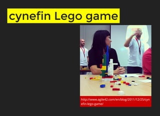 cynefin Lego gamecynefin Lego game
http://www.agile42.com/en/blog/2011/12/25/cyn
eﬁn-lego-game/
 