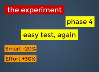 the experimentthe experiment
phase 4phase 4
easy test, againeasy test, again
Smart -20%Smart -20%
Effort +30%Effort +30%
 