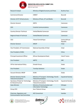 Research Analyst Ministry of Digital Economy and Posts Burkina Faso
Commercial Director CBINET Burundi
Director of ICT Infrastructures Ministry of Posts, ICT and Media Burundi
Director General ANTIC Cameroon
CEO Creolink Communications Cameroon
Country Director Technical Viettel/Nexttel Cameroon Cameroon
Regional Head of Technical Viettel/Nexttel Cameroon Cameroon
CEO Telecel Centrafrique Central African
Republic
Director General ARCEP Chad
Vice President, ICT Commission National Assembly of Chad Chad
Vice President of MEA ZTE China
Principal Investment Officer African Development Bank Cote D' Ivoire
Vice President ARPTC DRC
VP for International Policy Etisalat Group Dubai
Vice President TransSys Solutions Dubai
Account Director; MEAP XURA Dubai
Director General, Post &
Telecommunications
Ministry of Transport, Technology, Post &
Telecommunications
Equatorial Guinea
Secretary of State for Technology
& Telecommunicat
Ministry of Transport, Technology, Post &
Telecommunications
Equatorial Guinea
State Minister Ministry of Communication and
information Technology
Ethiopia
Group CEO Azur Telecom Group Gabon
Chairman, Regulatory and
Communication Sub-Committee
ACE Consortium Gambia
 