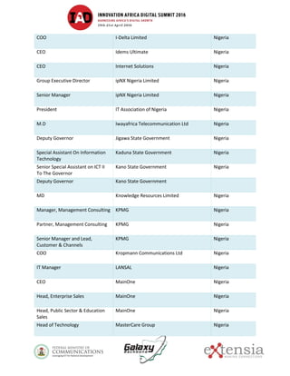 COO I-Delta Limited Nigeria
CEO Idems Ultimate Nigeria
CEO Internet Solutions Nigeria
Group Executive Director ipNX Nigeria Limited Nigeria
Senior Manager ipNX Nigeria Limited Nigeria
President IT Association of Nigeria Nigeria
M.D Iwayafrica Telecommunication Ltd Nigeria
Deputy Governor Jigawa State Government Nigeria
Special Assistant On Information
Technology
Kaduna State Government Nigeria
Senior Special Assistant on ICT II
To The Governor
Kano State Government Nigeria
Deputy Governor Kano State Government
MD Knowledge Resources Limited Nigeria
Manager, Management Consulting KPMG Nigeria
Partner, Management Consulting KPMG Nigeria
Senior Manager and Lead,
Customer & Channels
KPMG Nigeria
COO Kropmann Communications Ltd Nigeria
IT Manager LANSAL Nigeria
CEO MainOne NIgeria
Head, Enterprise Sales MainOne NIgeria
Head, Public Sector & Education
Sales
MainOne NIgeria
Head of Technology MasterCare Group Nigeria
 