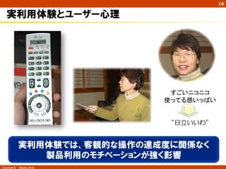 14

   実利用体験とユーザー心理




                             すごいニコニコ
                            使ってる感いっぱい


                             “日立いいわ”


           実利用体験では、客観的な操作の達成度に関係なく
              製品利用のモチベーションが強く影響
Copyright ©　Masaya Ando
 