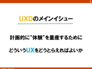 8




                          ＵＸＤのメインイシュー


               計画的に“体験”を量産するために

              どういうＵＸをどうとらえればよいか


Copyright ©　Masaya Ando
 