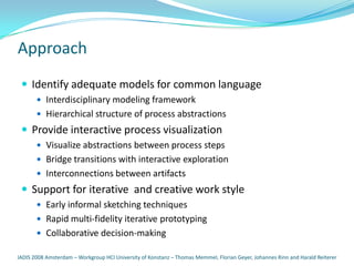Approach
  Identify adequate models for common language
        Interdisciplinary modeling framework
        Hierarchical structure of process abstractions
  Provide interactive process visualization
        Visualize abstractions between process steps
        Bridge transitions with interactive exploration
        Interconnections between artifacts
  Support for iterative and creative work style
        Early informal sketching techniques
        Rapid multi-fidelity iterative prototyping
        Collaborative decision-making

IADIS 2008 Amsterdam – Workgroup HCI University of Konstanz – Thomas Memmel, Florian Geyer, Johannes Rinn and Harald Reiterer
 
