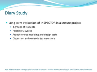 Diary Study
  Long term evaluation of INSPECTOR in a lecture project
        3 groups of students
        Period of 3 weeks
        Asynchronous modeling and design tasks
        Discussion and review in team sessions




IADIS 2008 Amsterdam – Workgroup HCI University of Konstanz – Thomas Memmel, Florian Geyer, Johannes Rinn and Harald Reiterer
 