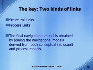 The key: Two kinds of links Structural Links Process Links The final navigational model is obtained by joining the navigational models derived from both conceptual (as usual) and process models . 
