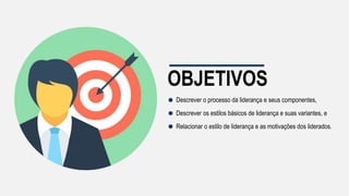 OBJETIVOS
Descrever o processo da liderança e seus componentes,
Descrever os estilos básicos de liderança e suas variantes, e
Relacionar o estilo de liderança e as motivações dos liderados.
 