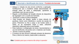 3 Descrição e identificação dos riscos – Furadeira de bancada
 Adeque a rotação do eixo árvore conforme a aplicação;
Certifique-se que a furadeira esteja desconectada da
energia antes de fazer a adequação, ajustando a
velocidade (rpm) do eixo árvore;
 Regule a profundidade de furação através do dispositivo
de regulagem com o auxílio da manivela;
 Posicione a mesa na altura desejada;
 Para furação em ângulo, ajuste a mesa através do
parafuso, tendo como referência o auxílio da escala de
graus; Posicione ou fixe a peça a ser furada sobre a
mesa, ou se necessário sobre a base, utilizando
dispositivo adequado para a sua fixação;
 Para melhorar a refrigeração da broca, recomendamos o
uso de lubrificante, de acordo com o material a ser furado;
 Acione a chave de partida;
 O avanço do eixo árvore é efetuado através da alavanca;
Para o retorno do mesmo, basta soltar a alavanca.
Obs: Cuidado para que a mesma não atinja o operador
 
