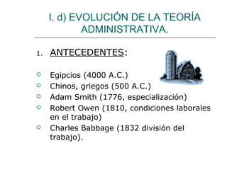 I. d) EVOLUCIÓN DE LA TEORÍA
ADMINISTRATIVA.
1.







ANTECEDENTES:
Egipcios (4000 A.C.)
Chinos, griegos (500 A.C.)
Adam Smith (1776, especialización)
Robert Owen (1810, condiciones laborales
en el trabajo)
Charles Babbage (1832 división del
trabajo).

 