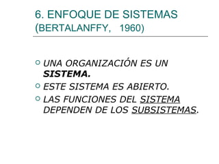 6. ENFOQUE DE SISTEMAS
(BERTALANFFY, 1960)





UNA ORGANIZACIÓN ES UN
SISTEMA.
ESTE SISTEMA ES ABIERTO.
LAS FUNCIONES DEL SISTEMA
DEPENDEN DE LOS SUBSISTEMAS.

 