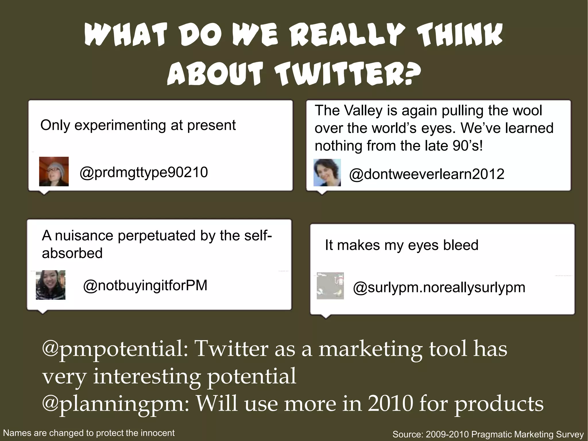 What Do We Really Think About Twitter?The Valley is again pulling the wool over the world’s eyes. We’ve learned nothing from the late 90’s! Only experimenting at present @prdmgttype90210@dontweeverlearn2012A nuisance perpetuated by the self-absorbedIt makes my eyes bleed@notbuyingitforPM@surlypm.noreallysurlypm@pmpotential: Twitter as a marketing tool has very interesting potential @planningpm:Will use more in 2010 for products Names are changed to protect the innocentSource: 2009-2010 Pragmatic Marketing Survey