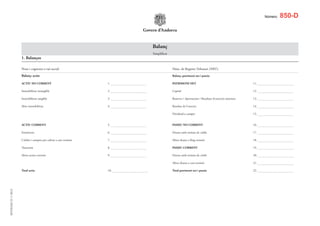 Número.

850-D

Govern d’Andorra

Balanç
1. Balanços

Simplificat

Nom i cognoms o raó social:								

Núm. de Registre Tributari (NRT):

Balanç: actiu	 									

Balanç: patrimoni net i passiu							

ACTIU NO CORRENT				

1. ...............................................................			
0,00 €

PATRIMONI NET				

11. ...............................................................	
0,00 €

Immobilitzat intangible 				

0,00 €
2. ...............................................................			

Capital 					

12. ...............................................................
0,00 €

Immobilitzat tangible 				

3. ...............................................................			
0,00 €

Reserves / Aportacions / Resultats d'exercicis anteriors 	

13. ...............................................................	
0,00 €

Altre immobilitzat				

4. ...............................................................			
0,00 €

Resultat de l'exercici 				

14. ...............................................................
0,00 €

											
	

Dividend a compte				

15. ...............................................................
0,00 €

ACTIU CORRENT				

5. ...............................................................			
0,00 €

PASSIU NO CORRENT				

16. ...............................................................
0,00 €

Existències 					

6. ...............................................................			
0,00 €

Deutes amb entitats de crèdit			

17. ...............................................................
0,00 €

Crèdits i comptes per cobrar a curt termini 			

7. ...............................................................			
0,00 €

Altres deutes a llarg termini				

18. ...............................................................
0,00 €

Tresoreria					

8. ...............................................................			
0,00 €

PASSIU CORRENT				

19. ...............................................................
0,00 €

Altres actius corrents				

9. ...............................................................			
0,00 €

Deutes amb entitats de crèdit			

20. ...............................................................
0,00 €

											

Altres deutes a curt termini				

21. ...............................................................
0,00 €

h5t016d 21-1-2013

Total actiu					
10. ...............................................................		
Total patrimoni net i passiu			
22. ...............................................................	
0,00 €
0,00 €
																			

 