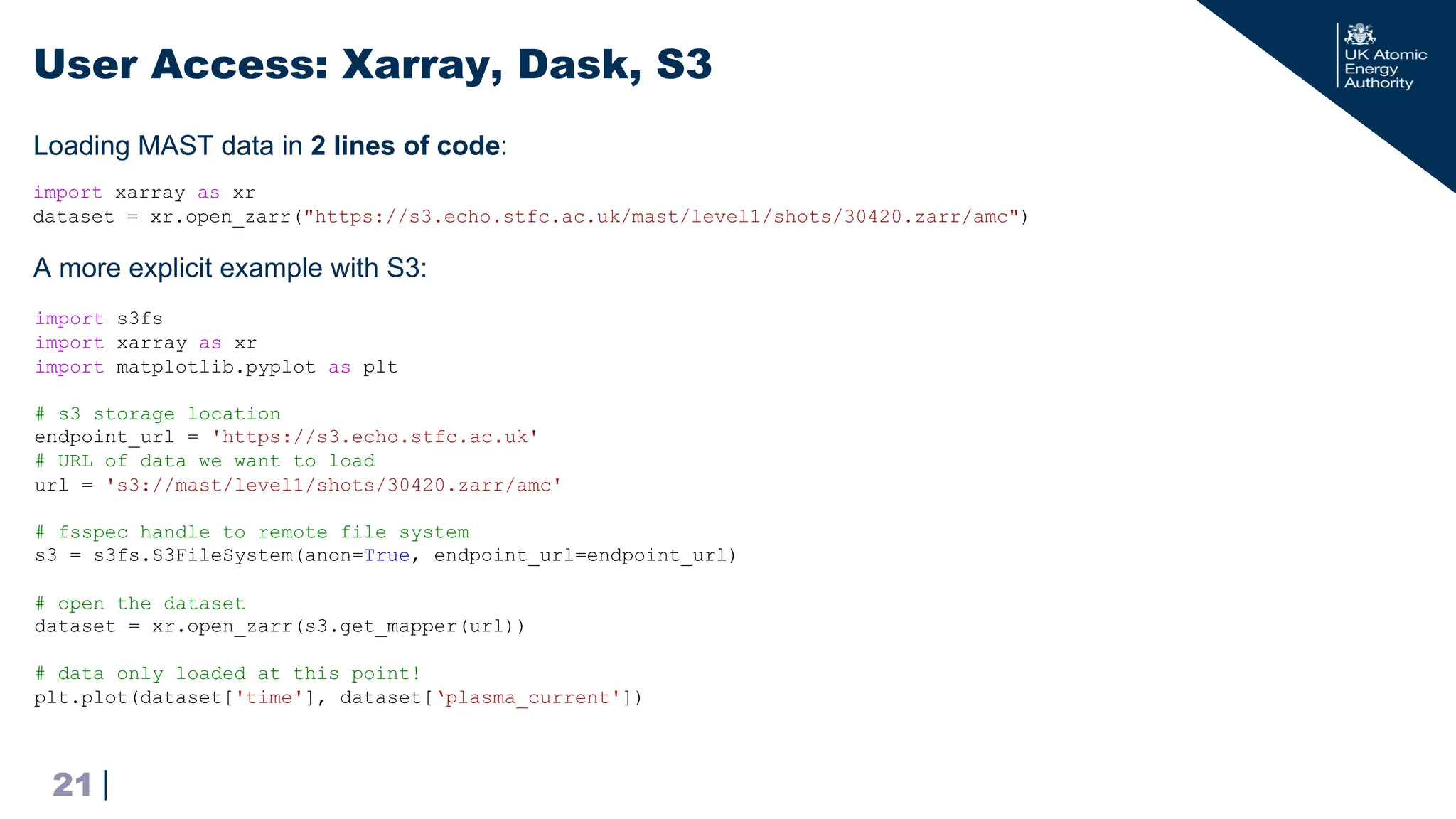|
Loading MAST data in 2 lines of code:
User Access: Xarray, Dask, S3
21
import xarray as xr
dataset = xr.open_zarr("https://s3.echo.stfc.ac.uk/mast/level1/shots/30420.zarr/amc")
import s3fs
import xarray as xr
import matplotlib.pyplot as plt
# s3 storage location
endpoint_url = 'https://s3.echo.stfc.ac.uk'
# URL of data we want to load
url = 's3://mast/level1/shots/30420.zarr/amc'
# fsspec handle to remote file system
s3 = s3fs.S3FileSystem(anon=True, endpoint_url=endpoint_url)
# open the dataset
dataset = xr.open_zarr(s3.get_mapper(url))
# data only loaded at this point!
plt.plot(dataset['time'], dataset[‘plasma_current'])
A more explicit example with S3:
 