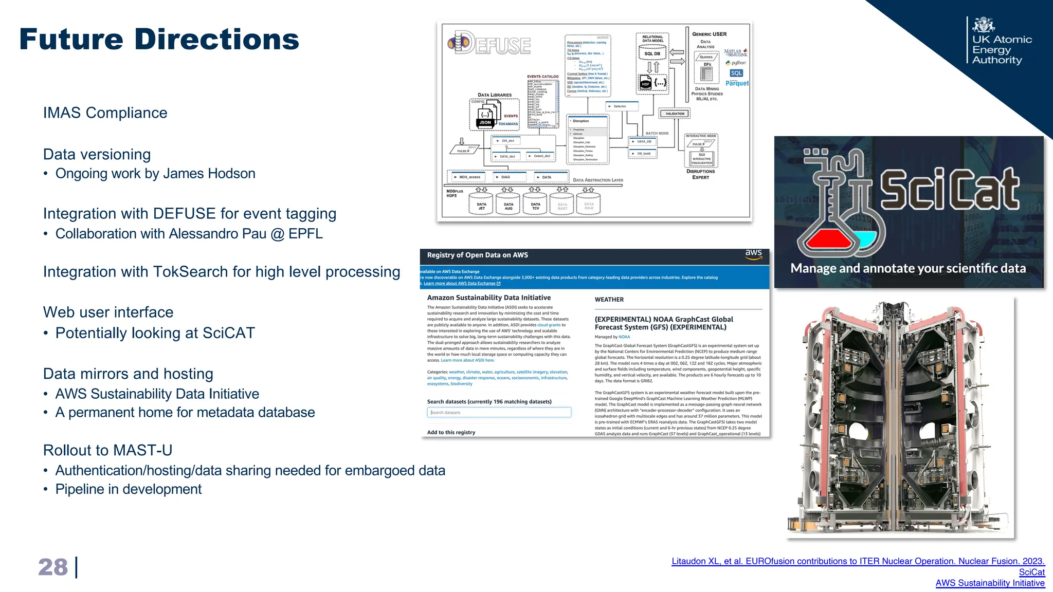|
IMAS Compliance
Data versioning
• Ongoing work by James Hodson
Integration with DEFUSE for event tagging
• Collaboration with Alessandro Pau @ EPFL
Integration with TokSearch for high level processing
Web user interface
• Potentially looking at SciCAT
Data mirrors and hosting
• AWS Sustainability Data Initiative
• A permanent home for metadata database
Rollout to MAST-U
• Authentication/hosting/data sharing needed for embargoed data
• Pipeline in development
Future Directions
28 Litaudon XL, et al. EUROfusion contributions to ITER Nuclear Operation. Nuclear Fusion. 2023.
SciCat
AWS Sustainability Initiative
 