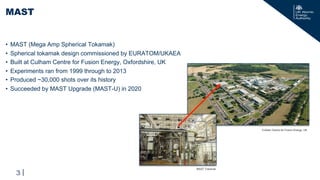 |
• MAST (Mega Amp Spherical Tokamak)
• Spherical tokamak design commissioned by EURATOM/UKAEA
• Built at Culham Centre for Fusion Energy, Oxfordshire, UK
• Experiments ran from 1999 through to 2013
• Produced ~30,000 shots over its history
• Succeeded by MAST Upgrade (MAST-U) in 2020
MAST
3
Culham Centre for Fusion Energy, UK
MAST Tokamak
 