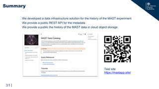 |
We developed a data infrastructure solution for the history of the MAST experiment
We provide a public REST API for the metadata
We provide a public the history of the MAST data in cloud object storage
Summary
31
Test site:
https://mastapp.site/
 