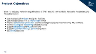 |
findable
interoperable
performance optimisation
loading transferring
data analysis ML/AI
larger-than-memory parallel
publicly
Project Objectives
6
 
