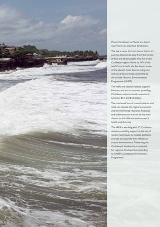Photo: Caribbean surf lands at a beach
                                                       near Puerto La Libertad, El Salvador.

                                                       The sea is never far from home. In fact, it’s
                                                       just two kilometres away from the homes
                                                       of four out of ten people who live in the
                                                       Caribbean region. Home to 14% of the
                                                       world’s coral reefs, the Sea boasts some
                                                       of the planet’s most diverse mangrove
                                                       and sea-grass coverage, according to
                                                       the United Nations’ Environmental
                                                       Programme (UNEP).

                                                       The reefs and coastal habitats support
                                                       fisheries, and attract tourists, providing
                                                       Caribbean nations annual revenues of
                                                       between $3.1 and $4.6 billion.

                                                       The continued loss of coastal habitats and
                                                       reefs can impede the region’s economic
                                                       and environmental resiliency. Pollution
                                                       and sedimentation are two of the main
                                                       threats to this delicate environment’s
                                                       health and diversity.

                                                       The IAEA is working with 12 Caribbean
                                                       nations, providing support in the use of
                                                       nuclear techniques to localize pollution
                                                       sources and quantify their effects on
                                                       coastal environments. Preserving the
                                                       Caribbean’s biodiversity is essential
                                                       for regional development, according
                                                       to UNEP’s Caribbean Environment
                                                       Programme.




11-0711   ISSN 0020-6067   Nancy Falcon Castro/UNIDO
 
