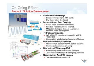 On-Going Efforts
P d t / S l ti D l t
Hardened Vent Design
• Finalized for Excelon & PPL plants
Product / Solution Development
• Finalized for Excelon & PPL plants
• Dry filter system developed
Passive Spent Fuel Cooling
• VVER Pools and internals modeled
• Residual Heat calculations finished
• Mitigation strategies defined, engineered
solutions under development
Hydrogen mitigationHydrogen mitigation
• WP MELCOR containment model for VVER-
1000/1200
• Cooperation with Bulgarian Academy of Science
Alternative Battery Systems
• Identified high-capacity FePO4-battery systems
• Commercial dedication on-going
Alternative EPS using GTG
0.4
0.45
CVH-X.4.14
CVH-X.4.15
CVH-X.4.22
Alternative EPS using GTG
• Relationship with Kawasaki and Siemens
• Joint definition of design & testing requirements
Steam-driven Aux F/W pumps0
0.05
0.1
0.15
0.2
0.25
0.3
0.35
-2000 0 2000 4000 6000 8000 10000 12000
Steam driven Aux F/W pumps
• Transfer US concept to VVER
time, sec
 