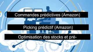 Commandes prédictives (Amazon)
Picking prédictif (Amazon)
Optimisation des stocks et pré-
acheminement