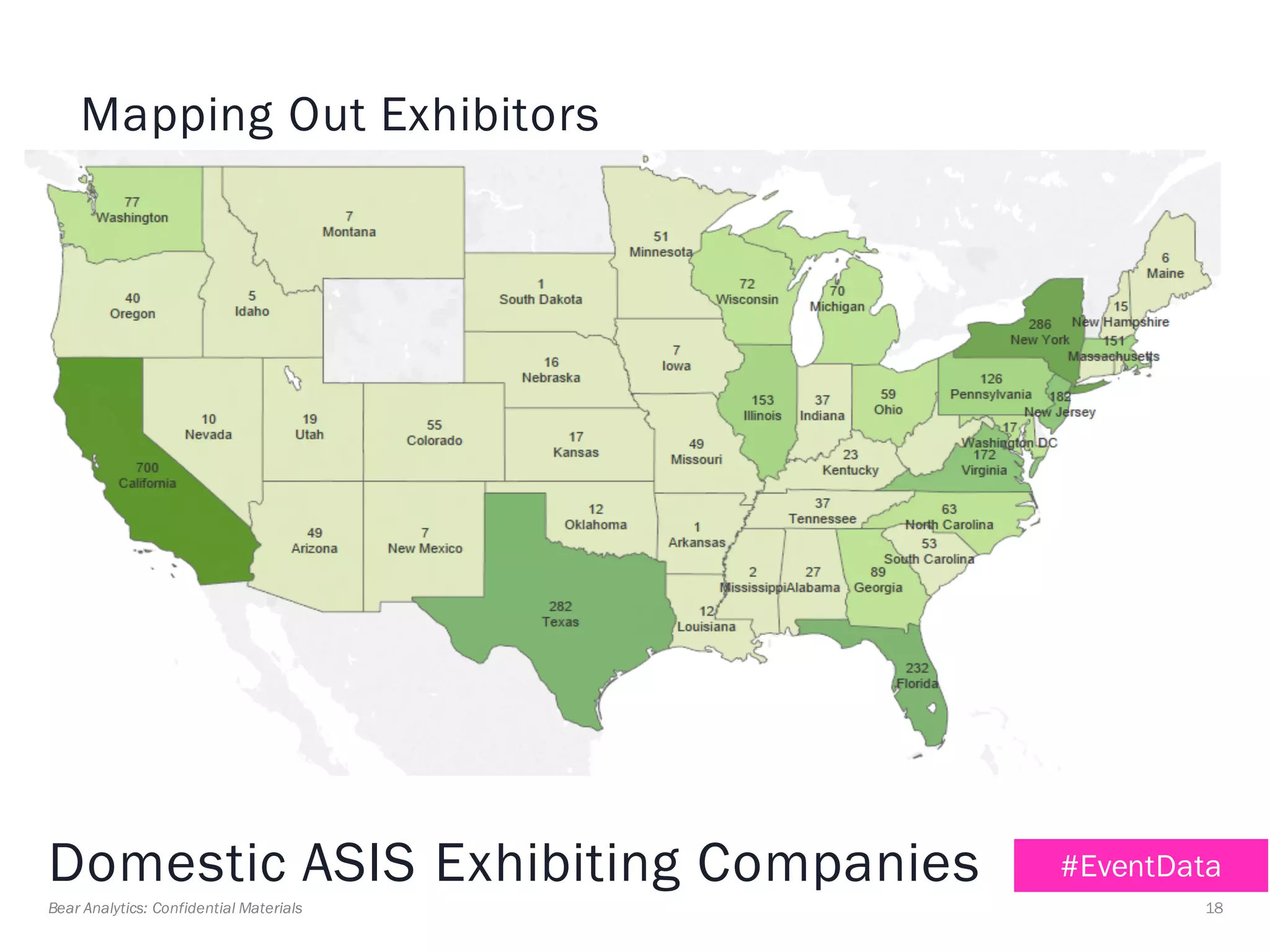 18Bear Analytics: Confidential Materials
Mapping Out Exhibitors
Domestic ASIS Exhibiting Companies #EventData
 