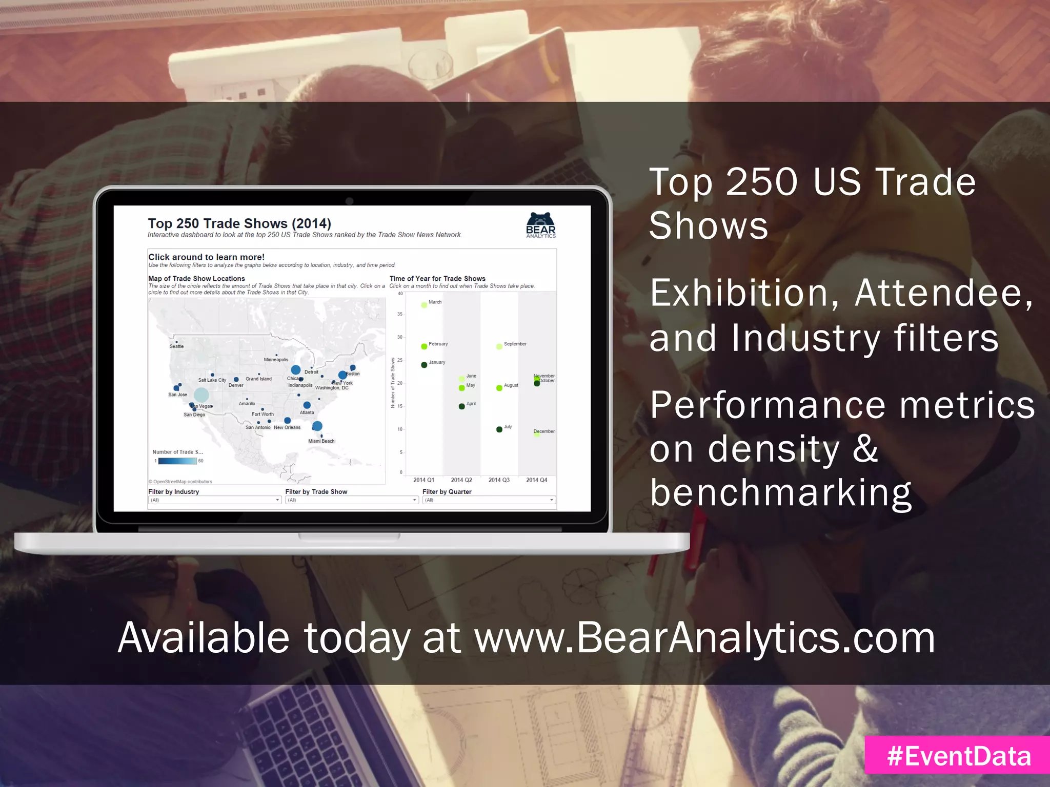 #EventData
Available today at www.BearAnalytics.com
Top 250 US Trade
Shows
Exhibition, Attendee,
and Industry filters
Performance metrics
on density &
benchmarking
 