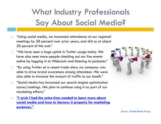 What Industry Professionals
              Say About Social Media?
    “Using social media, we increased attendance at our regional
     meetings by 50 percent over prior years, and did so at about
     50 percent of the cost.”
    “We have seen a huge uptick in Twitter usage lately. We
     have also seen more people checking out our live events
     online by logging in to Webcasts and listening to podcasts.”
    “By using Twitter at a recent trade show, my company was
     able to drive brand awareness among attendees. We were
     also able to increase the amount of traffic to our booth.”
    “Social media has increased our search engine optimization
     scores/rankings. We plan to continue using it as part of our
     marketing efforts.”
    “I wish I had the extra time needed to learn more about
     social media and how to harness it properly for marketing
     purposes.”
                                                                    Source: Exhibit Media Group
 