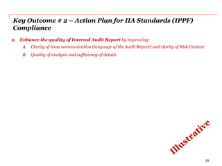 Key Outcome # 2 – Action Plan for IIA Standards (IPPF)
Compliance
2. Enhance the quality of Internal Audit Report by improving:
A. Clarity of issue communication (language of the Audit Report) and clarity of Risk Context
B. Quality of analysis and sufficiency of details
25
 