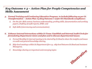 5. Formal Training and Continuing Education Program to include following as per IA
Transformation – Action Plan #3 (Key Outcome # 2) for IIA Standards compliance:
A. On-the-job: Risk context, business understanding, probing skills, documentation and working
papers, drafting of audit reports, IFRS; and
B. Soft-skills (interviewing and communication).
6. Enhance internal interactions within IA Team: Establish and Internal Audit Circle for
formulating Department vision and plan and to discuss departmental issues:
A. Formal Monthly IA internal meeting to be chaired by IA Head to share the insights and issues
on audit and general knowledge sharing,
B. Skip-level meetings within IA Department (for e.g.. skip level between IA Head and Assistant
Managers),
C. Knowledge sharing on important and emerging topics
Key Outcome # 3 – Action Plan for People Competencies and
Skills Assessment
33
 