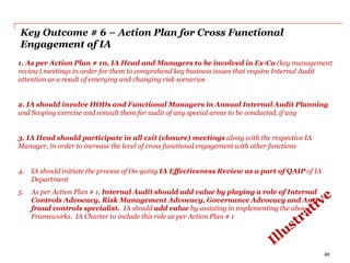 Key Outcome # 6 – Action Plan for Cross Functional
Engagement of IA
1. As per Action Plan # 10, IA Head and Managers to be involved in Ex-Co (key management
review) meetings in order for them to comprehend key business issues that require Internal Audit
attention as a result of emerging and changing risk scenarios
2. IA should involve HODs and Functional Managers in Annual Internal Audit Planning
and Scoping exercise and consult them for audit of any special areas to be conducted, if any
3. IA Head should participate in all exit (closure) meetings along with the respective IA
Manager, in order to increase the level of cross functional engagement with other functions
4. IA should initiate the process of On-going IA Effectiveness Review as a part of QAIP of IA
Department
5. As per Action Plan # 1, Internal Audit should add value by playing a role of Internal
Controls Advocacy, Risk Management Advocacy, Governance Advocacy and Anti-
fraud controls specialist. IA should add value by assisting in implementing the above
Frameworks. IA Charter to include this role as per Action Plan # 1
46
 