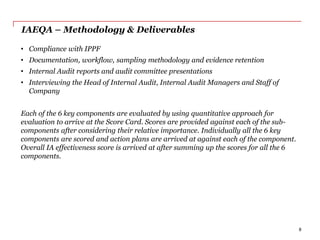 IAEQA – Methodology & Deliverables
• Compliance with IPPF
• Documentation, workflow, sampling methodology and evidence retention
• Internal Audit reports and audit committee presentations
• Interviewing the Head of Internal Audit, Internal Audit Managers and Staff of
Company
Each of the 6 key components are evaluated by using quantitative approach for
evaluation to arrive at the Score Card. Scores are provided against each of the sub-
components after considering their relative importance. Individually all the 6 key
components are scored and action plans are arrived at against each of the component.
Overall IA effectiveness score is arrived at after summing up the scores for all the 6
components.
8
 