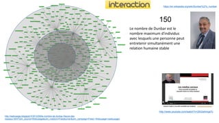 http://webusage.blogspot.fr/2012/09/le-nombre-de-dunbar-lheure-des-
reseaux.html?utm_source=Webusage&utm_medium=Feedburner&utm_campaign=Feed:+Webusage+(webusage)
http://www.youtube.com/watch?v=20GisAmqe7c
https://en.wikipedia.org/wiki/Dunbar%27s_number
150
Le nombre de Dunbar est le
nombre maximum d'individus
avec lesquels une personne peut
entretenir simultanément une
relation humaine stable
 
