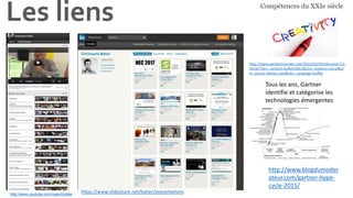 Les liens
http://www.youtube.com/user/cbatier
http://www.blogdumoder
ateur.com/gartner-hype-
cycle-2015/
Tous les ans, Gartner
identifie et catégorise les
technologies émergentes
Compétences du XXIe siècle
http://www.paristechreview.com/2015/02/10/education-21-
siecle/?utm_content=buffer239c1&utm_medium=social&ut
m_source=twitter.com&utm_campaign=buffer
https://www.slideshare.net/batier/presentations
 