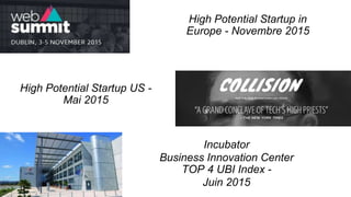 High Potential Startup in
Europe - Novembre 2015
High Potential Startup US -
Mai 2015
Incubator
Business Innovation Center
TOP 4 UBI Index -
Juin 2015
 