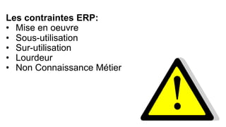 Les contraintes ERP:
• Mise en oeuvre
• Sous-utilisation
• Sur-utilisation
• Lourdeur
• Non Connaissance Métier
 
