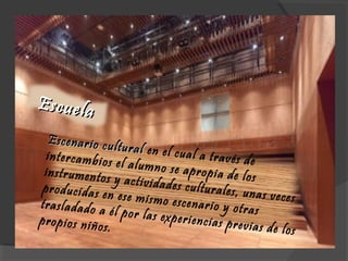 Escenario cultural
Escenario cultural en el cual a través deintercambios el alumno se apropia de losinstrumentos y actividades culturales, unas veces
producidas en ese mismo escenario y otrastrasladado a él por las experiencias previas de los
propios niños.
EscuelaEscuela
 