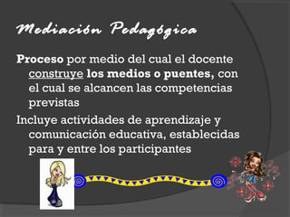 Mediación Pedagógica
Proceso por medio del cual el docente
construye los medios o puentes, con
el cual se alcancen las competencias
previstas
Incluye actividades de aprendizaje y
comunicación educativa, establecidas
para y entre los participantes
 