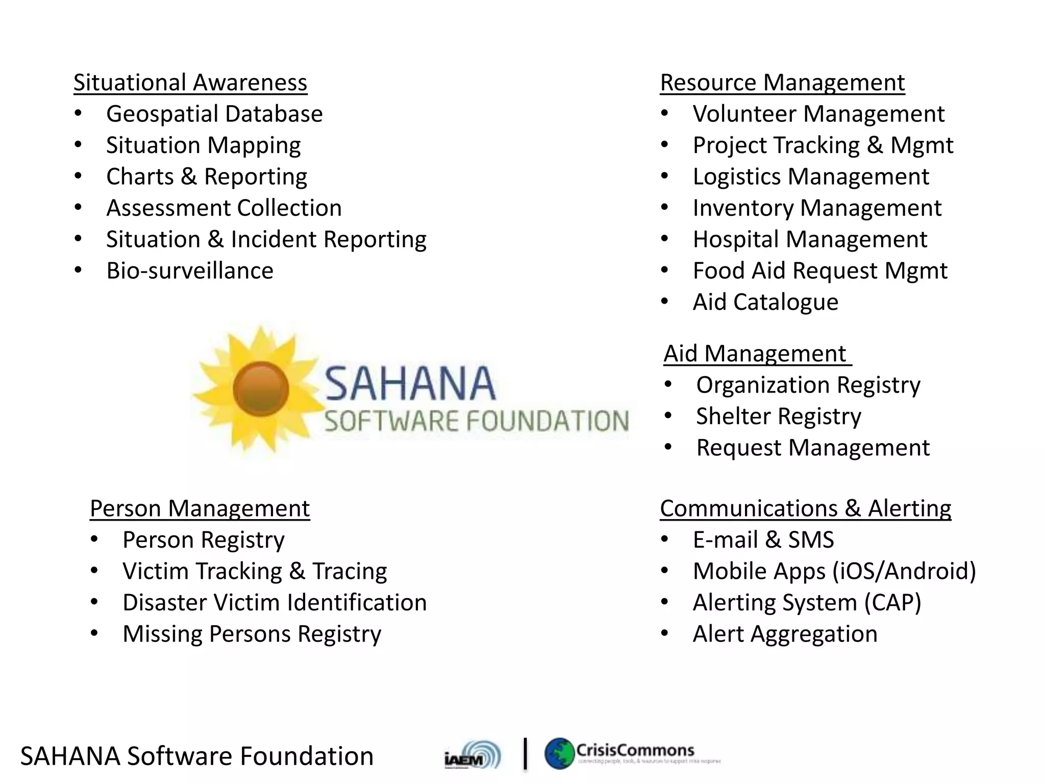 Situational Awareness                Resource Management
   • Geospatial Database                • Volunteer Management
   • Situation Mapping                  • Project Tracking & Mgmt
   • Charts & Reporting                 • Logistics Management
   • Assessment Collection              • Inventory Management
   • Situation & Incident Reporting     • Hospital Management
   • Bio-surveillance                   • Food Aid Request Mgmt
                                        • Aid Catalogue
                                        Aid Management
                                        • Organization Registry
                                        • Shelter Registry
                                        • Request Management

     Person Management                  Communications & Alerting
     • Person Registry                  • E-mail & SMS
     • Victim Tracking & Tracing        • Mobile Apps (iOS/Android)
     • Disaster Victim Identification   • Alerting System (CAP)
     • Missing Persons Registry         • Alert Aggregation



SAHANA Software Foundation
 