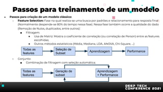 Passos para treinamento de um modelo
● Passos para criação de um modelo clássico:
○ Feature Selection: Fase na qual realiza-se uma busca por padrões e relacionamento para resposta ﬁnal
(Normalmente despende-se 80% do tempo nessa fase). Nessa fase também ocorre a qualidade do dado
(Remoção de Nulos, duplicados, entre outros):
■ Filtragem:
● Usa de Matriz: Mostra o coeﬁciente de correlação (ou correlação de Person) entre as features
escolhidas;
● Outros métodos estatísticos (Média, Mediana, LDA, ANOVA, Chi-Square, ...)
○ Conjunto:
■ Combinação de ﬁltragem com seleção automática;
Todas as
features
Seleção de
Subset
Aprendizagem Performance
Todas as
features
Geração de
subset
Aprendizagem
+ Performance
 