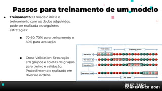Passos para treinamento de um modelo
● Treinamento: O modelo inicia o
treinamento com os dados adquiridos,
pode ser realizada as seguintes
estratégias:
■ 70-30: 70% para treinamento e
30% para avaliação
■ Cross-Validation: Separação
em grupos e coletas de grupos
para treino e validação.
Procedimento e realizado em
diversas ordens.
 