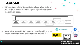 AutoML
● Várias etapas e falta de proﬁssional complica o dia a
dia de geração de modelos, logo surge uma proposta
mais simpliﬁcada.
● Alguns frameworks têm surgido para simpliﬁcar o dia
a dia e democratizar a entrada no mundo de ML
 