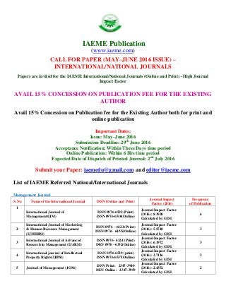 IAEME Publication
(www.iaeme.com)
CALL FOR PAPER (MAY–JUNE 2016 ISSUE) –
INTERNATIONAL/NATIONAL JOURNALS
Papers are invited for the IAEME International/National Journals (Online and Print) - High Journal
Impact Factor
AVAIL 15% CONCESSION ON PUBLICATION FEE FOR THE EXISTING
AUTHOR
Avail 15% Concession on Publication fee for the Existing Author both for print and
online publication
Important Dates:
Issue: May–June 2016
Submission Deadline: 29th
June 2016
Acceptance Notification: Within Three Days time period
Online Publication: Within 6 Hrs time period
Expected Date of Dispatch of Printed Journal: 2nd
July 2016
Submit your Paper: iaemedu@gmail.com and editor@iaeme.com
List of IAEME Referred National/International Journals
Management Journal
S. No Name of the International Journal ISSN (Online and Print)
Journal Impact
Factor (2016)
Frequency
of Publication
1
International Journal of
Management(IJM)
ISSN 0976-6502 (Print)
ISSN 0976-6510(Online)
Journal Impact Factor
(2016): 8.1920
Calculated by GISI
6
2
International Journal of Marketing
& Human Resource Management
(IJMHRM)
ISSN 0976 – 6421 (Print)
ISSN 0976- 643X(Online)
Journal Impact Factor
(2016): 5.5510
Calculated by GISI
3
3
International Journal of Advanced
Research in Management (IJARM)
ISSN 0976– 6324 (Print)
ISSN 0976 –6332(Online)
Journal Impact Factor
(2016): 6.1972
Calculated by GISI
3
4
International journal of Intellectual
Property Rights(IJIPR)
ISSN 0976-6529 (print)
ISSN 0976-6537(Online)
Journal Impact Factor
(2016): 2.7116
Calculated by GISI
2
5 Journal of Management (JOM)
ISSN Print: 2347-3940
ISSN Online: 2347-3959
Journal Impact Factor
(2016): 2.4352
Calculated by GISI
2
 