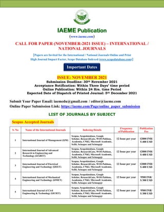 Scopus Accepted Journals
Important Dates
IAEME Publication
(www.iaeme.com)
CALL FOR PAPER (NOVEMBER-2021 ISSUE) – INTERNATIONAL /
NATIONAL JOURNALS
{Papers are Invited for the International / National Journals Online and Print
High Journal Impact Factor, Scope Database Indexed (www.scopedatabase.com)}
ISSUE: NOVEMBER 2021
Submission Deadline: 30th November 2021
Acceptance Notification: Within Three Days’ time period
Online Publication: Within 24 Hrs. time Period
Expected Date of Dispatch of Printed Journal: 5th December 2021
Submit Your Paper Email: iaemedu@gmail.com / editor@iaeme.com
Online Paper Submission Link: https://iaeme.com/Page/online_paper_submission
LIST OF JOURNALS BY SUBJECT
S. No Name of the International Journals Indexing Details
Frequency
of Publication
Publication
Fee
1 International Journal of Management (IJM)
Scopus, Scopedatabase, Google
Scholar, ResearchGate, WOS Publons,
Academia, CNKI, Microsoft Academic,
Scilit, Scinapse and Scimagojr
12 Issue per year 12000 INR/
$ 400 USD
2
International Journal of Advanced
Research in Engineering and
Technology (IJARET)
Scopus, Scopedatabase, Google
Scholar, ResearchGate, WOS Publons,
Academia, CNKI, Microsoft Academic,
Scilit, Scinapse and Scimagojr
12 Issue per year 12000 INR/
$ 400 USD
3
International Journal of Electrical
Engineering and Technology (IJEET)
Scopus, Scopedatabase, Google
Scholar, ResearchGate, WOS Publons,
Academia, CNKI, Microsoft Academic,
Scilit, Scinapse and Scimagojr
12 Issue per year 12000 INR/
$ 400 USD
4
International Journal of Mechanical
Engineering and Technology (IJMET)
Scopus, Scopedatabase, Google
Scholar, ResearchGate, WOS Publons,
Academia, CNKI, Microsoft Academic,
Scilit, Scinapse and Scimagojr
12 Issue per year 9500 INR/
$ 300 USD
5
International Journal of Civil
Engineering & Technology (IJCIET)
Scopus, Scopedatabase, Google
Scholar, ResearchGate, WOS Publons,
Academia, CNKI, Microsoft Academic,
Scilit, Scinapse and Scimagojr
12 Issue per year 9500 INR/
$ 300 USD
 