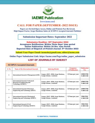 91-9884798314, 7358208318
SCOPUS Accepted Journals
Submission Important Dates: September 2022
IAEME Publication
(www.iaeme.com)
CALL FOR PAPER (SEPTEMBER -2022 ISSUE)
Papers are Invited-Open Access, Online and Printed, Peer-Reviewed,
High Impact Factor, Scope Database Index & SCOPUS Accepted Journals Publisher
Submission Deadline: 30th September 2022
Acceptance Notification: Within Three Days’ time period
Online Publication: Within 24 Hrs. time Period
Expected Date of Dispatch of Printed Journal: 5th October 2022
Submit Your Paper Email: iaemedu@gmail.com, editor@iaeme.com
Online Paper Submission Link: https://iaeme.com/Page/online_paper_submission
LIST OF JOURNALS BY SUBJECT
S. No Name of the International Journals Indexing Details
Frequency
of Publication
Publication
Fee
1 International Journal of Management (IJM)
Scopus: (2019 - 2020), Scope Database,
Google Scholar, Academia
12 Issue per year 12000 INR/
$ 400 USD
2
International Journal of Advanced
Research in Engineering and
Technology (IJARET)
Scopus: (2019 - 2020), Scope Database,
Google Scholar, Academia
12 Issue per year 12000 INR/
$ 400 USD
3
International Journal of Electrical
Engineering and Technology (IJEET)
Scopus: (2019 - 2020), Scope Database,
Google Scholar, Academia
12 Issue per year 12000 INR/
$ 400 USD
4
International Journal of Mechanical
Engineering and Technology (IJMET)
Scopus: (2019 - 2020), Scope Database,
Google Scholar, Academia
12 Issue per year 9500 INR/
$ 300 USD
5
International Journal of Civil
Engineering & Technology (IJCIET)
Scopus: (2019 - 2020), Scope Database,
Google Scholar, Academia
12 Issue per year 9500 INR/
$ 300 USD
 