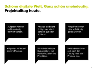Schöne digitale Welt. Ganz schön uneindeutig.
Projektalltag heute.
8
Aufgaben können
nicht eindeutig
definiert werden.
Aufgaben können
nicht vollständig
gelöst werden.
Ansätze sind nicht
richtig oder falsch
sondern gut oder
schlecht.
Aufgaben verändern
sich im Prozess.
Meist versteht man
erst nach der
Lösung, was das
Problem war.
Wir haben multiple
Stakeholder – mit
multiplen Zielen und
Prioritäten.
 