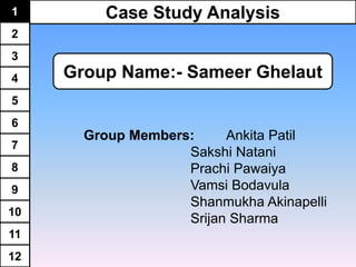 Case Study Analysis1
2
8
7
6
5
4
3
9
10
12
11
Group Name:- Sameer Ghelaut
Group Members: Ankita Patil
Sakshi Natani
Prachi Pawaiya
Vamsi Bodavula
Shanmukha Akinapelli
Srijan Sharma
 