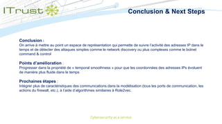 Conclusion & Next Steps
Conclusion :
On arrive à mettre au point un espace de représentation qui permette de suivre l’activité des adresses IP dans le
temps et de détecter des attaques simples comme le network discovery ou plus complexes comme le botnet
command & control
Points d’amélioration :
Progresser dans la propriété de « temporal smoothness » pour que les coordonnées des adresses IPs évoluent
de manière plus fluide dans le temps
Prochaines étapes :
Intégrer plus de caractéristiques des communications dans la modélisation (tous les ports de communication, les
actions du firewall, etc.), à l’aide d’algorithmes similaires à Role2vec.
 