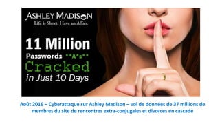 Août 2016 – Cyberattaque sur Ashley Madison – vol de données de 37 millions de
membres du site de rencontres extra-conjugales et divorces en cascade
 