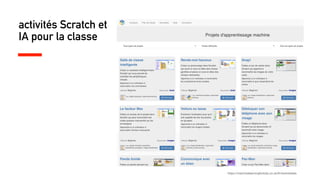 activités Scratch et
IA pour la classe
https://machinelearningforkids.co.uk/#!/worksheets
 